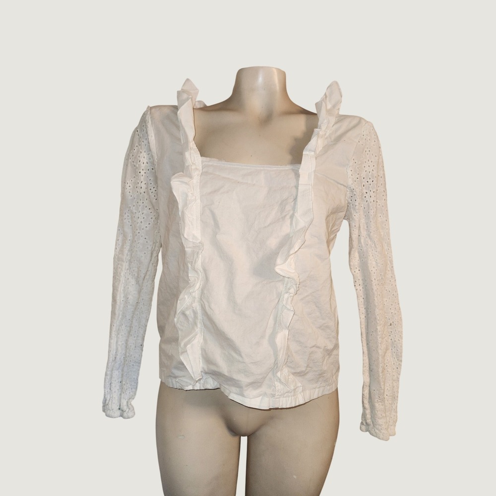 Saks Fifth Avenue White Eyelet Ruffle Blouse Square Neck Long Sleeve Cotton M
